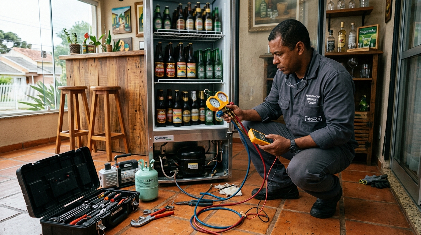 Técnico realizando manutenção de motor de cervejeira em Juiz de Fora‑MG