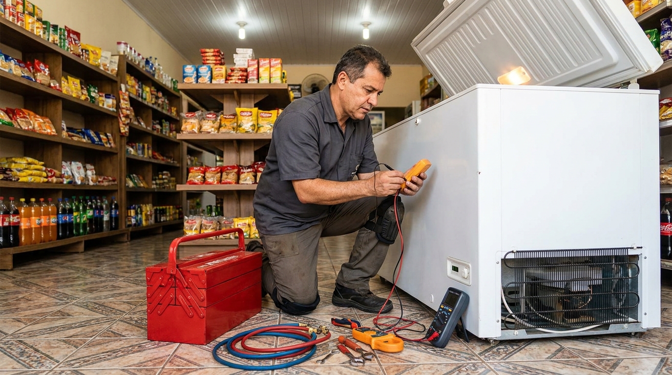 Recarga de gás refrigerante em freezer em atendimento em Juiz de Fora‑MG